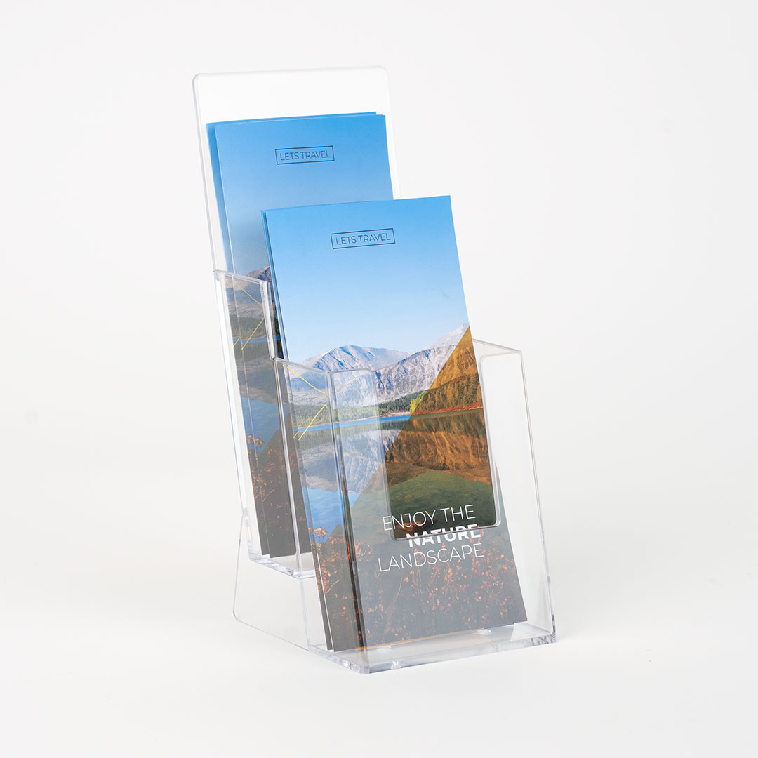 Porta depliant da banco in plexi, 2 tasche f.to 1/3A4. - iWird