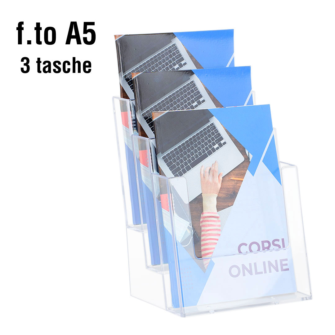 Porta depliant da banco in plexi, 3 tasche f.to A5 - iWird