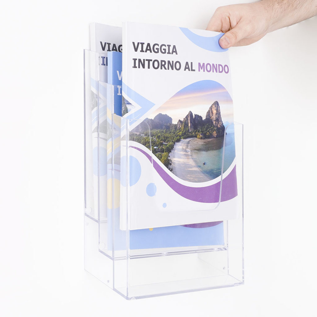 porta depliant da muro in plexiglass trasparente grafica intercambiabile