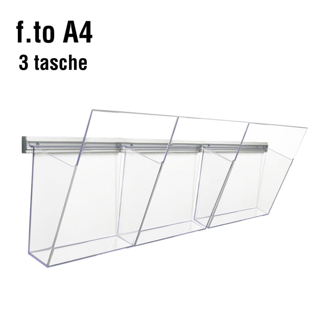Portadepliant in plexiglass con barra 75cm e 3 tasche f.to A4