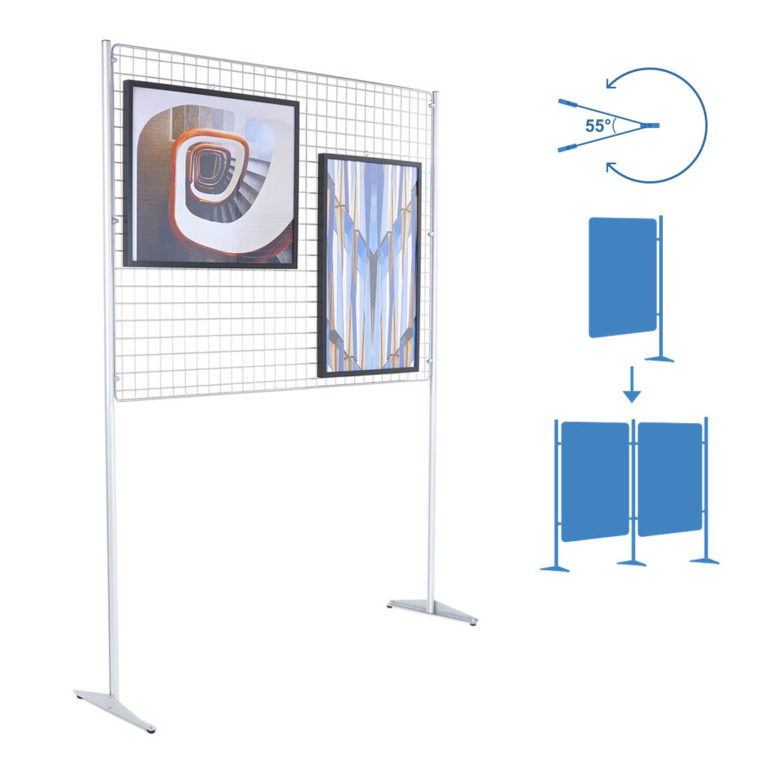 pannello espositivo con griglia in metallo per quadri