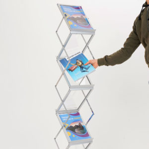 espositore pieghevole da terra in alluminio e plexiglass