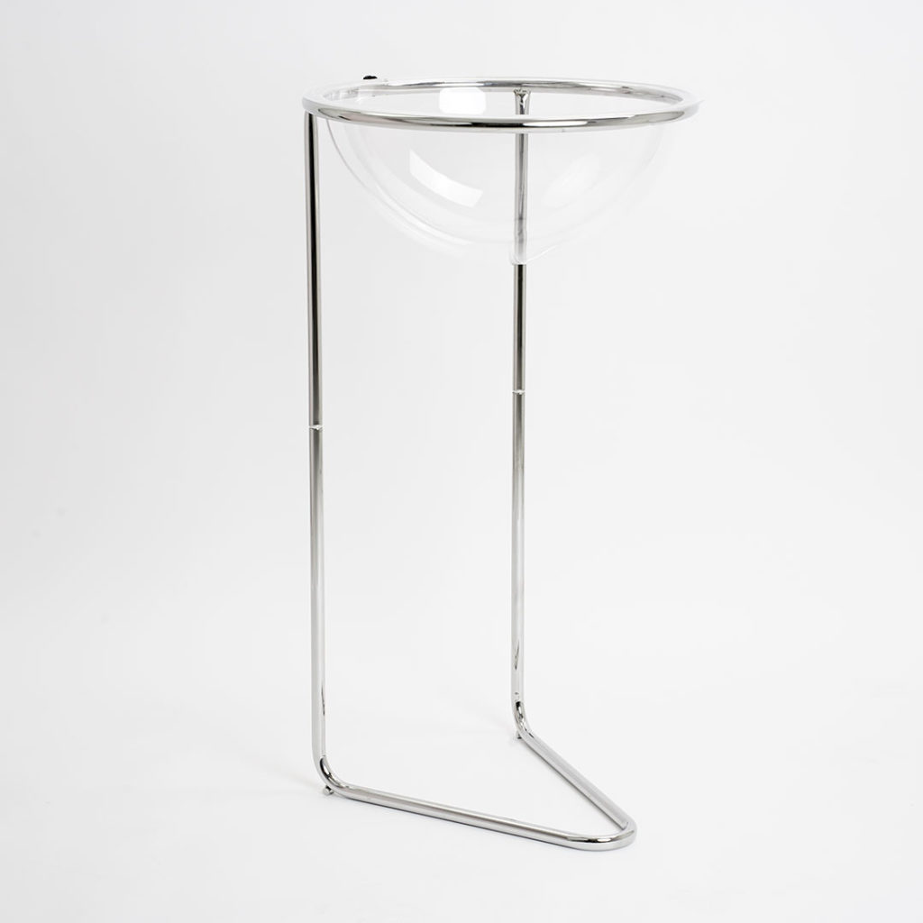 bancarella porta oggetti con sfera in plexiglass trasparente per esposizioni