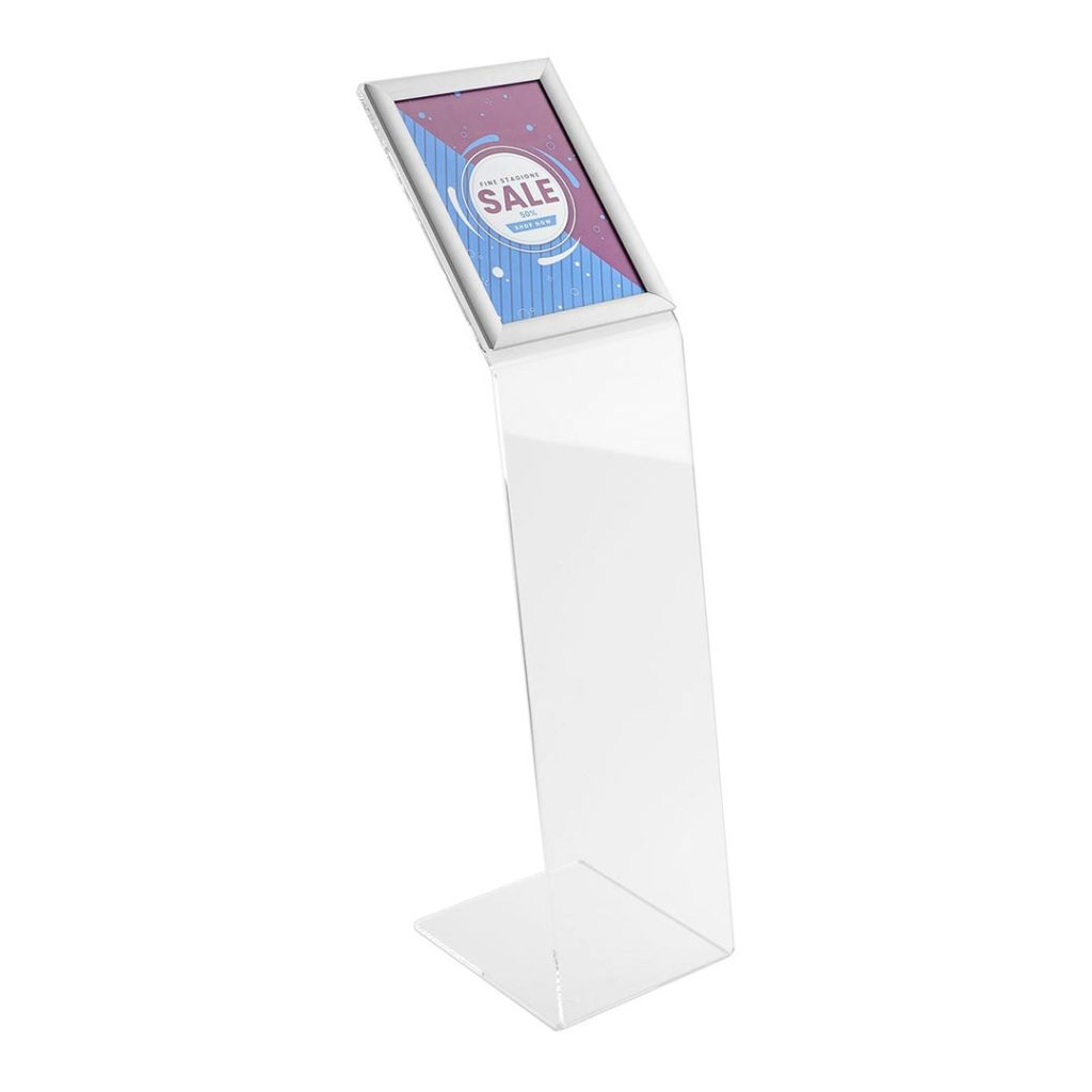 espositore a leggio in plexiglass con cornice a scatto