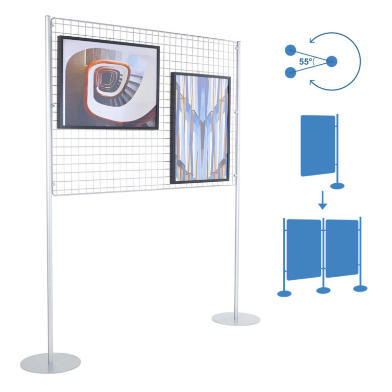Pannello espositivo per mostre con griglia metallica e piedini fissi