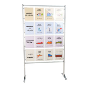 espositore porta avvisi con tasche in plexiglass e montanti in alluminio