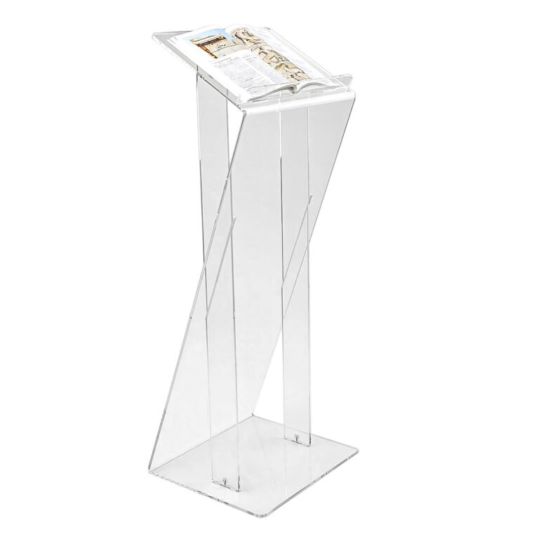 podio in plexiglass trasparente con reggilibro