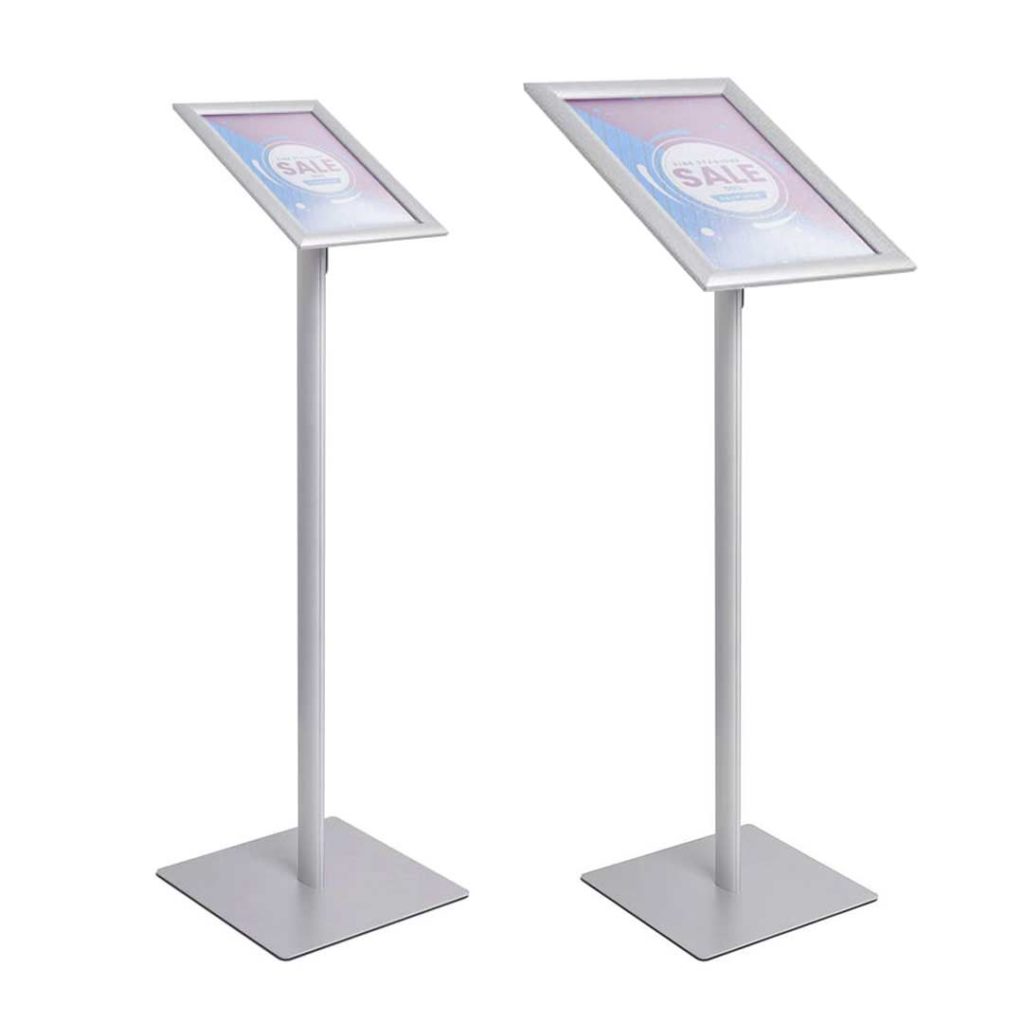 espositore a leggio autoportante con base quadrata e cornice a scatto