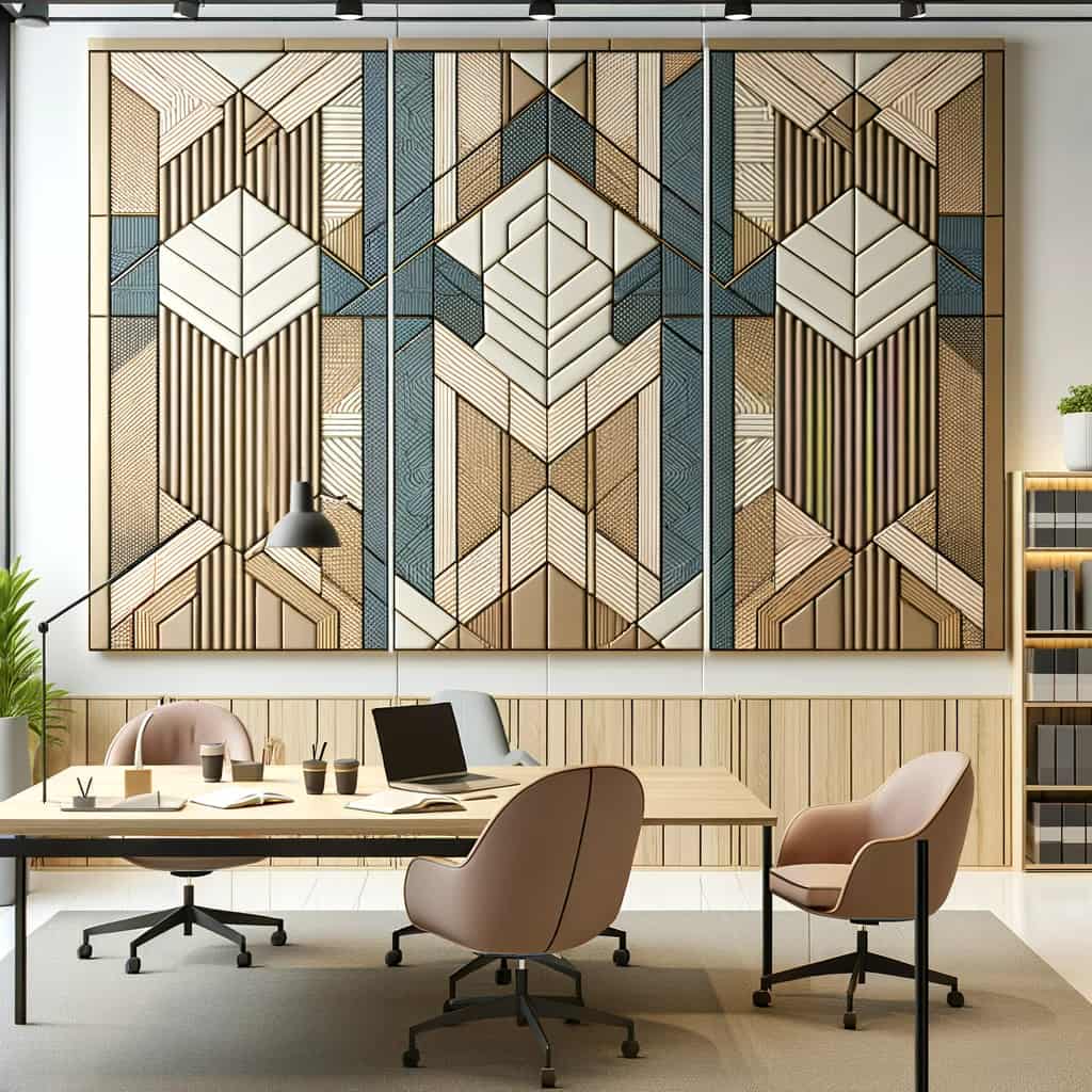 Esempio di utilizzo di pannelli fonoassorbenti con decorazioni geometriche in ambienti interni come uffici open space.