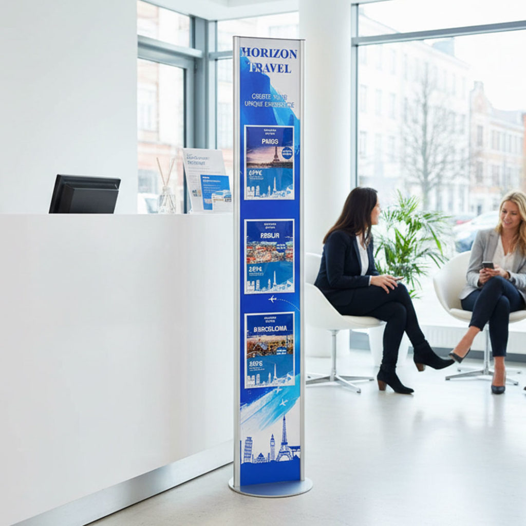 Totem espositivo con pannello personalizzabile e porta avvisi A4
