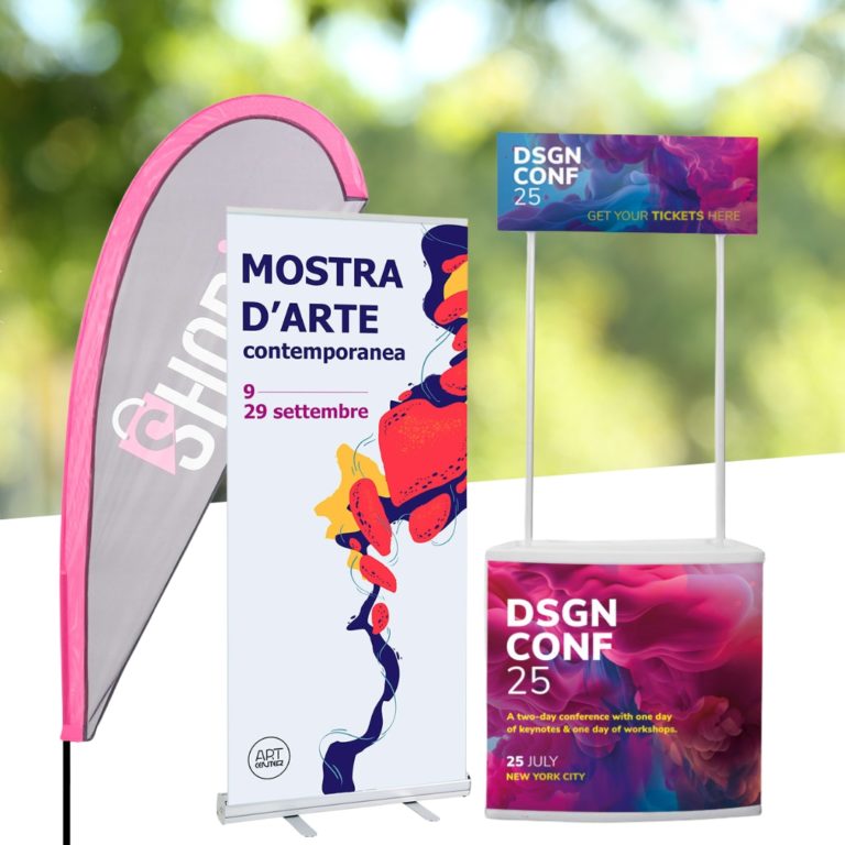 espositori pubblicitari, banner roll up, bandiere, desk