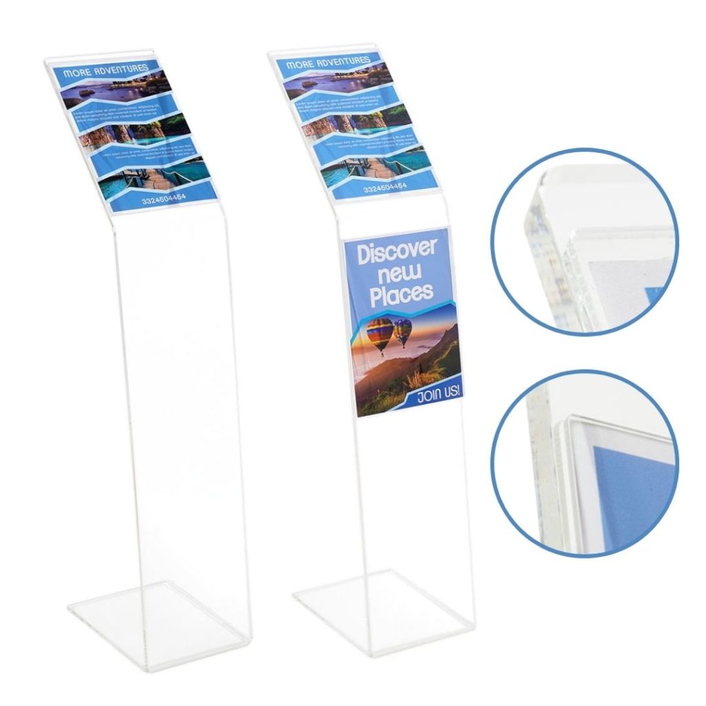 leggio trasparente in plexiglass da terra con una o due tasche porta avvisi