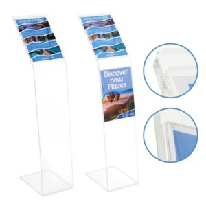 leggio trasparente in plexiglass da terra con una o due tasche porta avvisi