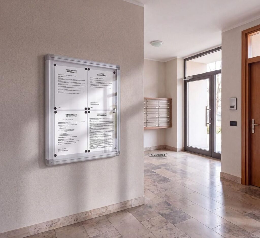 bacheca porta avvisi fissata all'ingresso di un condominio