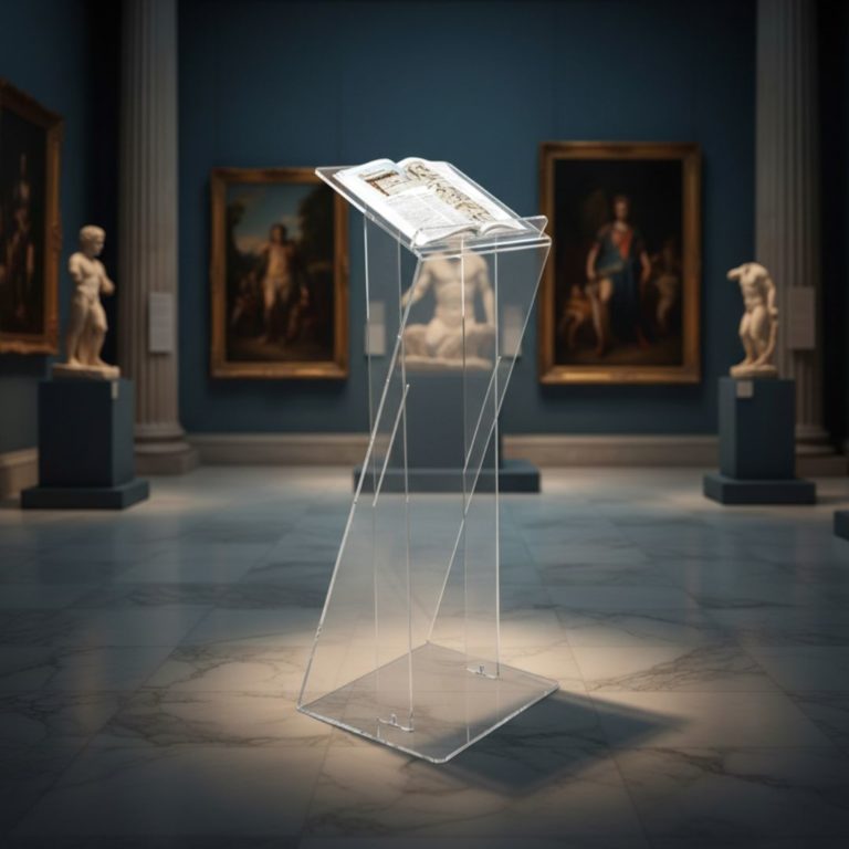 Leggio museale in acrilico trasparente esposto in una sala d'arte con dipinti e sculture sullo sfondo.