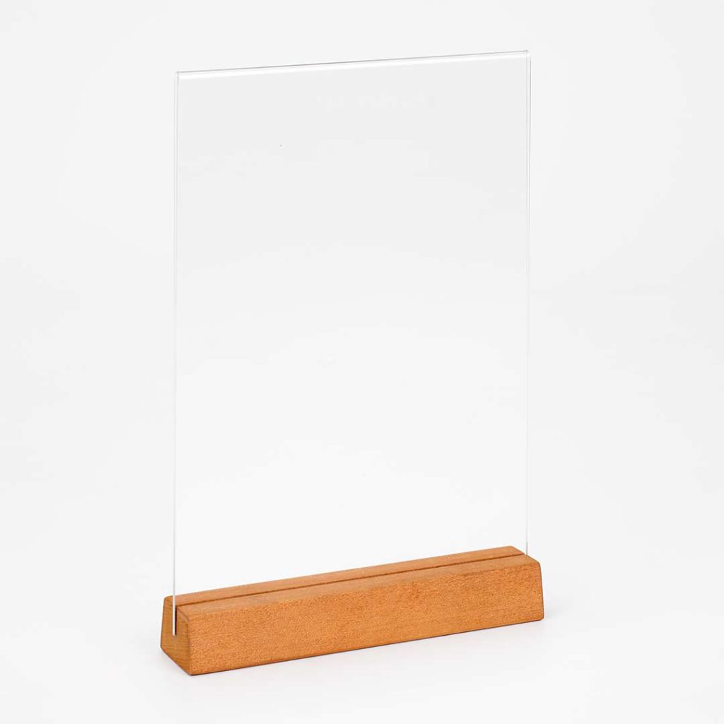 porta avvisi da banco in acrilico con supporto in legno