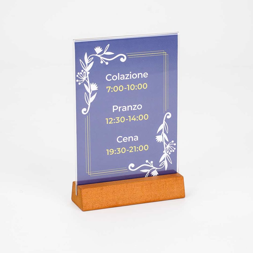 espositore porta avvisi da tavolo in acrilico per fogli A5 con base in legno