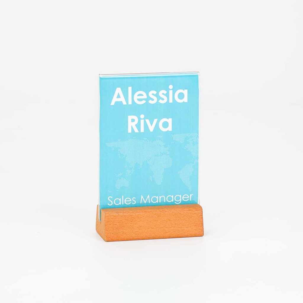 porta avvisi da tavolo in formato A6 con base in legno