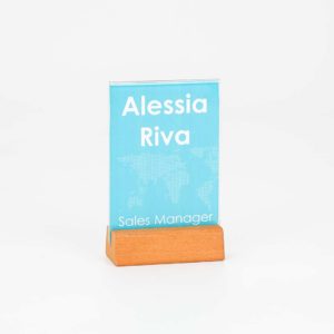 porta avvisi da tavolo in formato A6 con base in legno