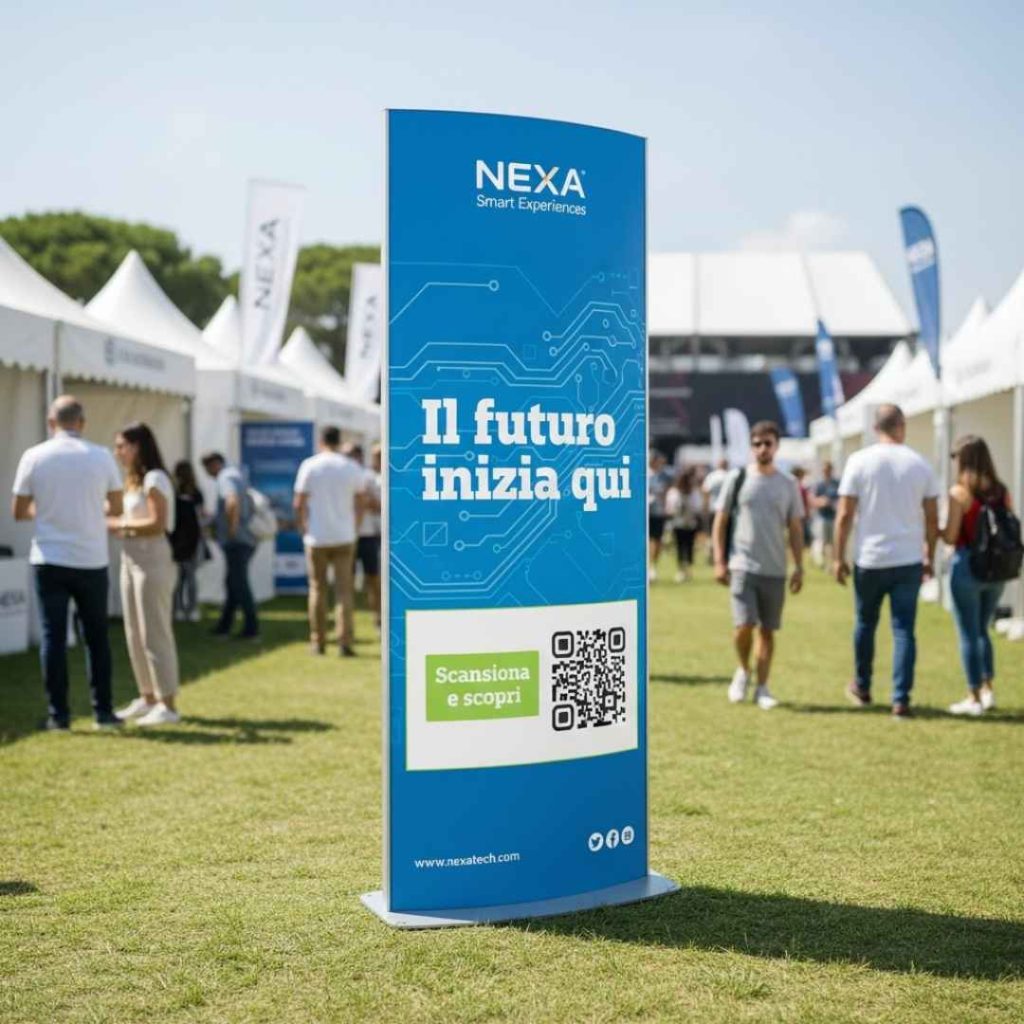 Totem da esterno bifacciale ambientato in una fiera