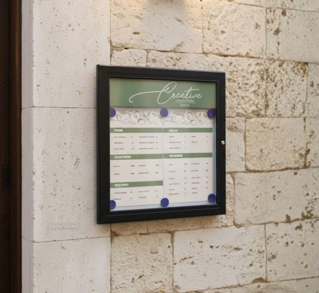 bacheca per esterno nera porta menu fuori dal ristorante