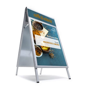 Cornice bifacciale a cavalletto per poster formato A1 con pannello informativo