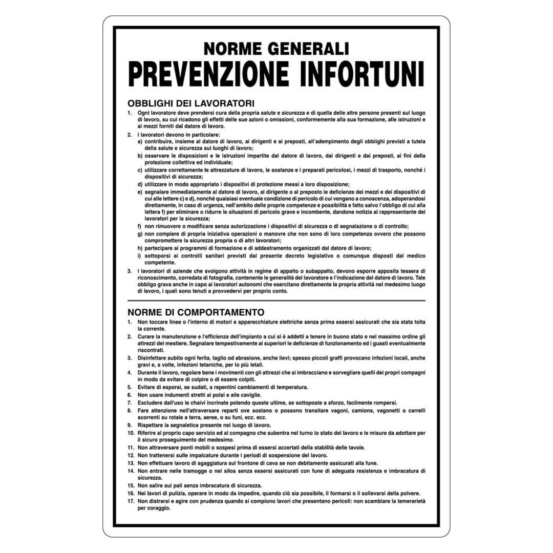 Cartello in alluminio Norme generali prevenzione infortuni