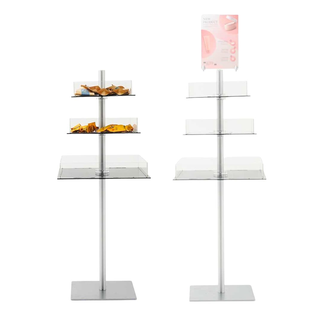 espositore con 3 ripiani in plexiglass
